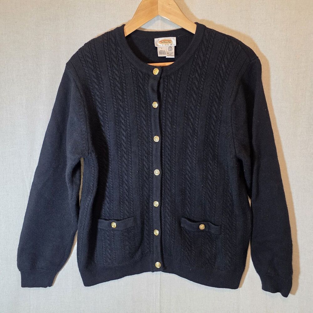 Vtg Talbots Petite Womens Large PL Cardigan Black Wool Cable Knit Gold Buttons